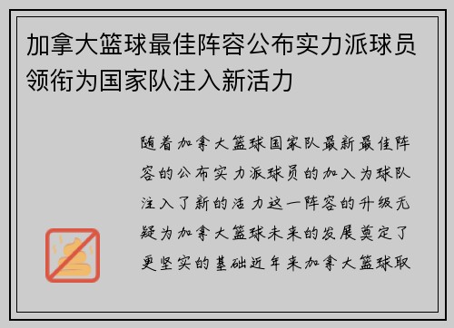 加拿大篮球最佳阵容公布实力派球员领衔为国家队注入新活力