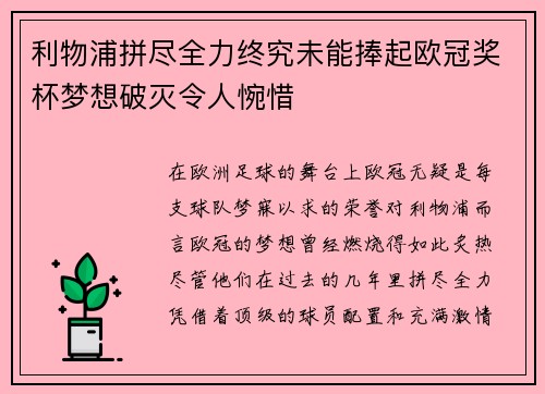 利物浦拼尽全力终究未能捧起欧冠奖杯梦想破灭令人惋惜