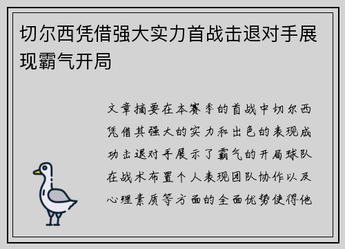 切尔西凭借强大实力首战击退对手展现霸气开局