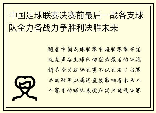 中国足球联赛决赛前最后一战各支球队全力备战力争胜利决胜未来